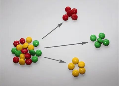 Gemischte bunte Schokoladenlinsen werden mit Pfeilen nach ihren Farben Rot, Grün und Gelb sortiert.