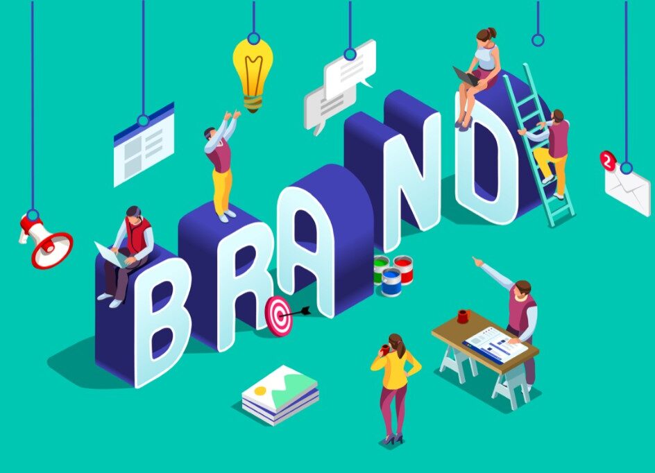 Kleine Menschen arbeiten gemeinsam an großen 3D-Buchstaben, die das Wort BRAND bilden.