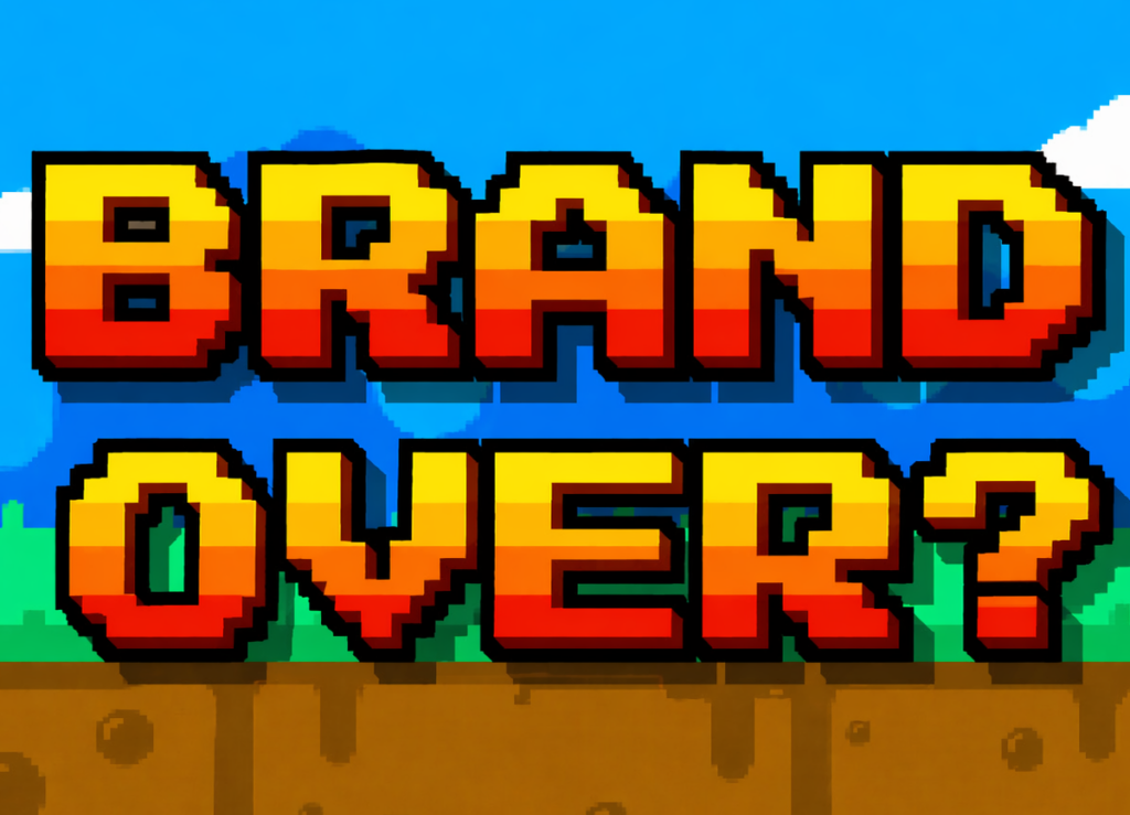 Farbenfroher Pixel-Art-Schriftzug BRAND OVER? vor einer klassischen Retro-Videospiel-Landschaft.