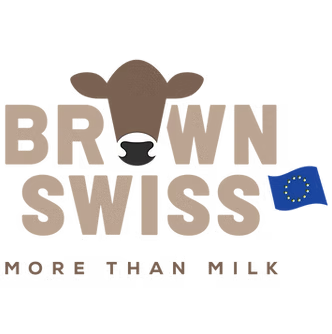 Logo von Brown Swiss More Than Milk mit braunem Kuhkopf und EU-Flagge.