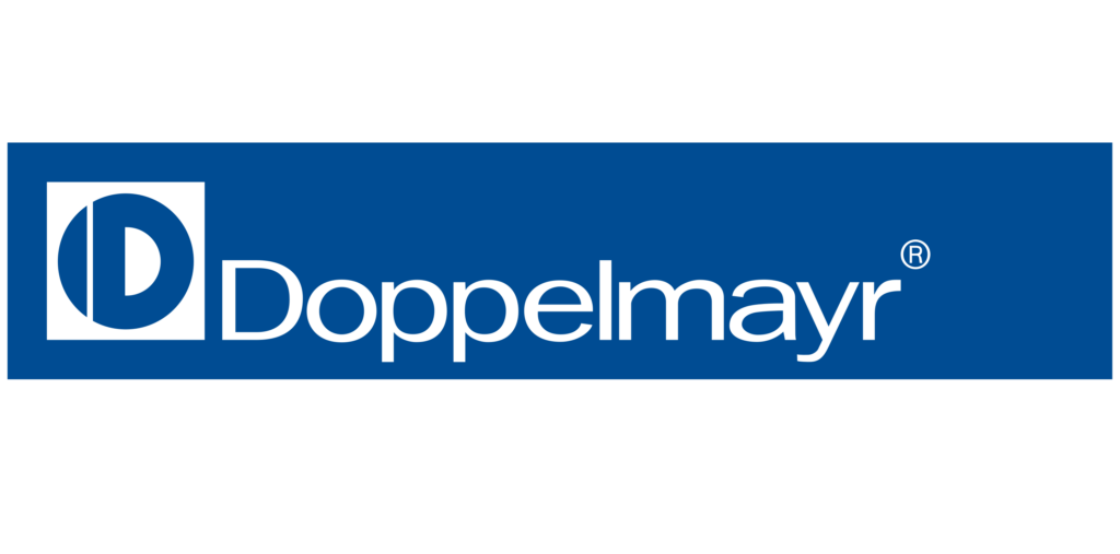 Das Logo des Unternehmens Doppelmayr mit weißer Schrift auf blauem Hintergrund.