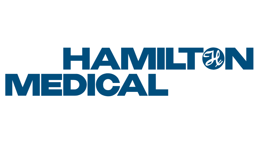 Blaues Logo der Marke Hamilton Medical auf weißem Hintergrund.