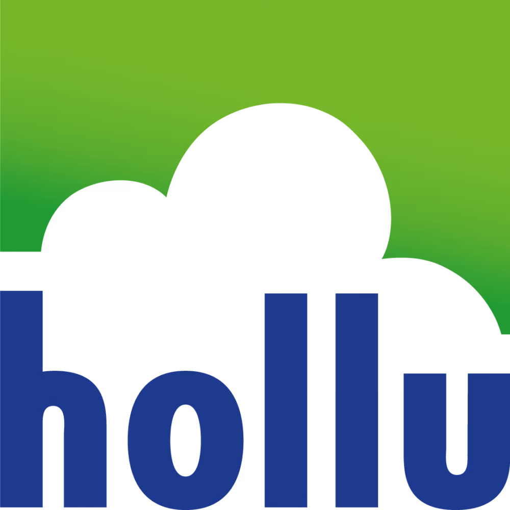 Blauer Schriftzug hollu vor einer weißen Wolke auf grünem Hintergrund.