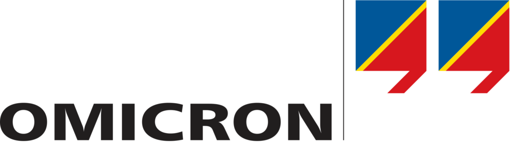 Das Logo der Firma Omicron mit schwarzer Schrift und zwei blau-rot-gelben Symbolen.