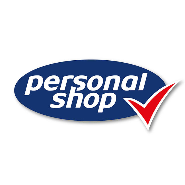 Blaues Logo der Marke Personalshop mit weißem Schriftzug und rotem Haken