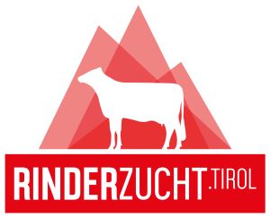 Logo der Rinderzucht Tirol mit weißer Kuh vor stilisierten roten Bergen
