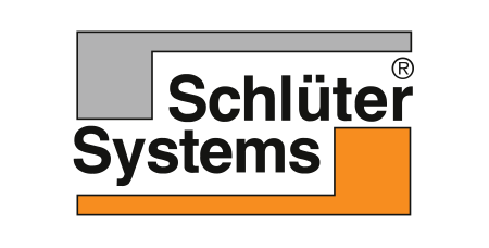 Das Logo von Schlüter Systems mit schwarzer Schrift und grauen sowie orangen Elementen.