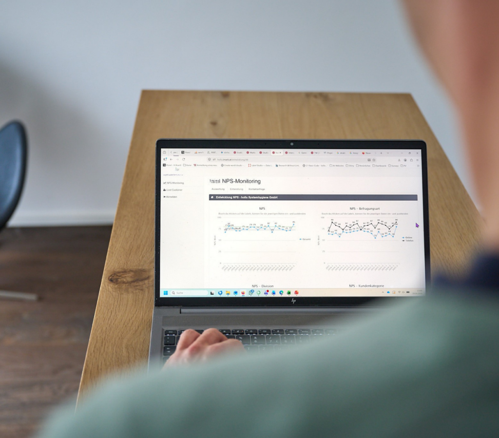 Eine Person arbeitet am Laptop und betrachtet ein Dashboard mit NPS-Monitoring-Diagrammen.