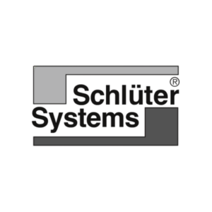 Das Firmenlogo von Schlüter Systems mit grauem geometrischem Rahmen.