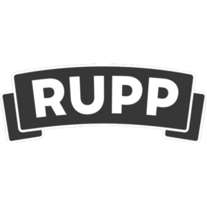 Das Firmenlogo von Rupp in weißer Schrift auf einem geschwungenen, dunkelgrauen Banner.