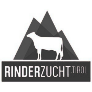 Logo der Rinderzucht Tirol mit der weißen Silhouette eines Rindes vor grauen Bergspitzen