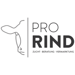Logo von Pro Rind mit gezeichnetem Kuhkopf und den Schlagworten Zucht, Beratung, Vermarktung.