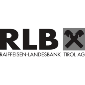 Logo der Raiffeisen-Landesbank Tirol AG mit dem Schriftzug RLB und Giebelkreuz-Symbol.