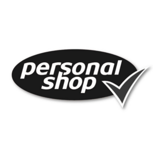 Personalshop Logo mit weißem Schriftzug in einem schwarzen Oval und einem Häkchen.