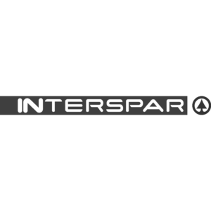 Monochromes Interspar-Logo mit weißem Schriftzug auf dunklem Balken und Spar-Emblem
