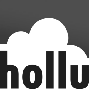Schwarzer Schriftzug hollu vor einer weißen Wolke auf dunklem Hintergrund.