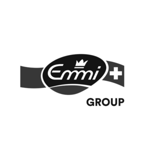 Das schwarz-weiße Logo der Emmi Group zeigt den Schriftzug mit Krone und Schweizerkreuz.