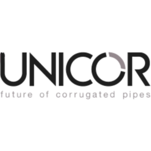 Schwarzes UNICOR Logo mit dem Untertitel future of corrugated pipes auf weißem Hintergrund