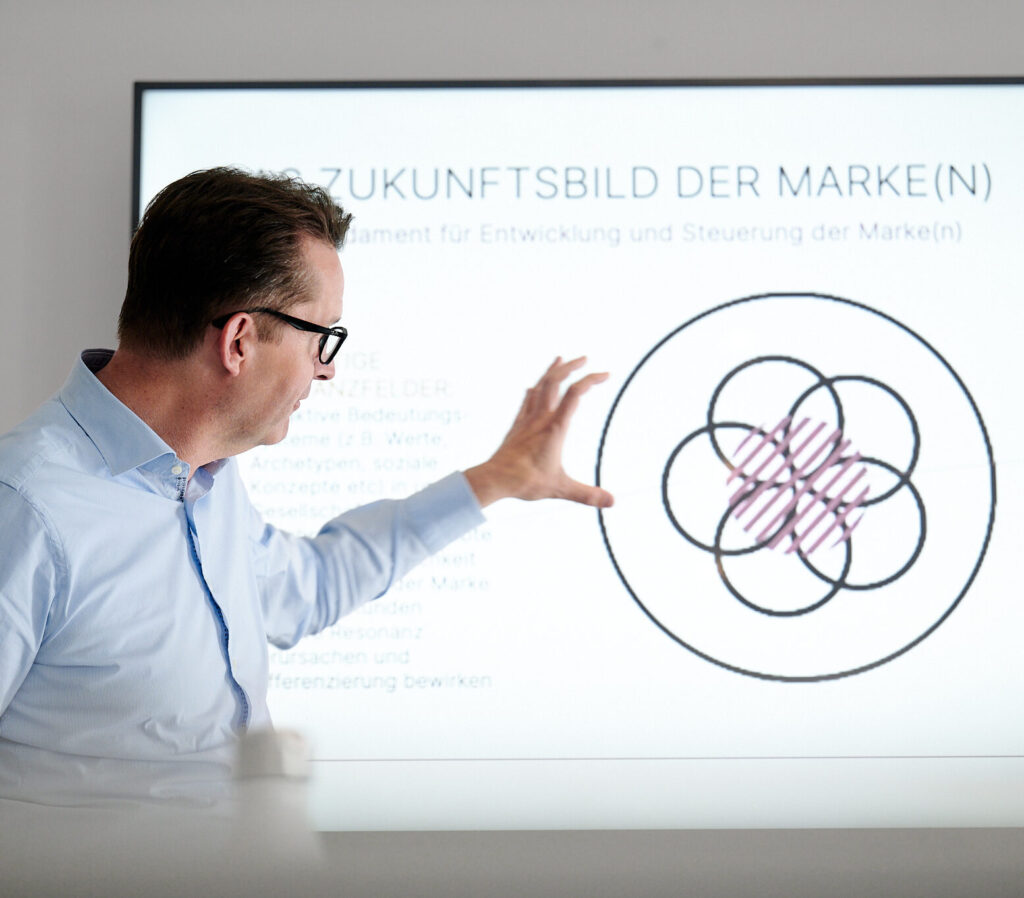 Ein Mann mit Brille zeigt auf ein Diagramm einer Präsentation über das Zukunftsbild von Marken.