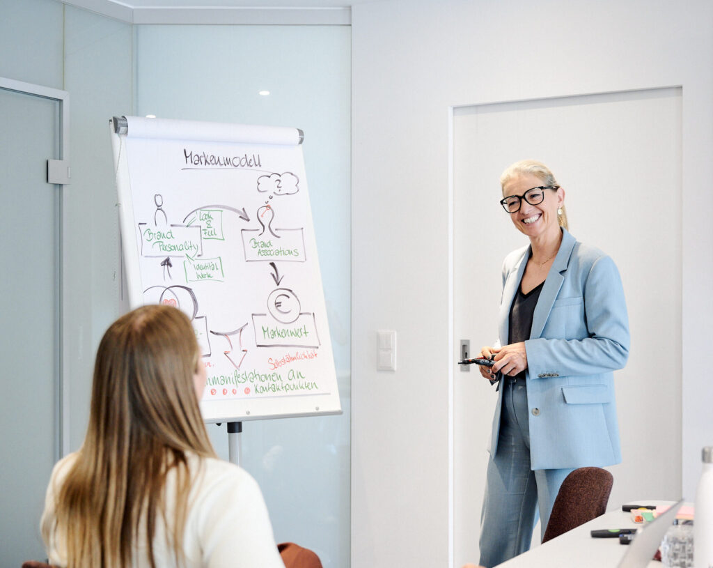 Eine lächelnde Frau im hellblauen Anzug präsentiert ein Markenmodell auf einem Flipchart.
