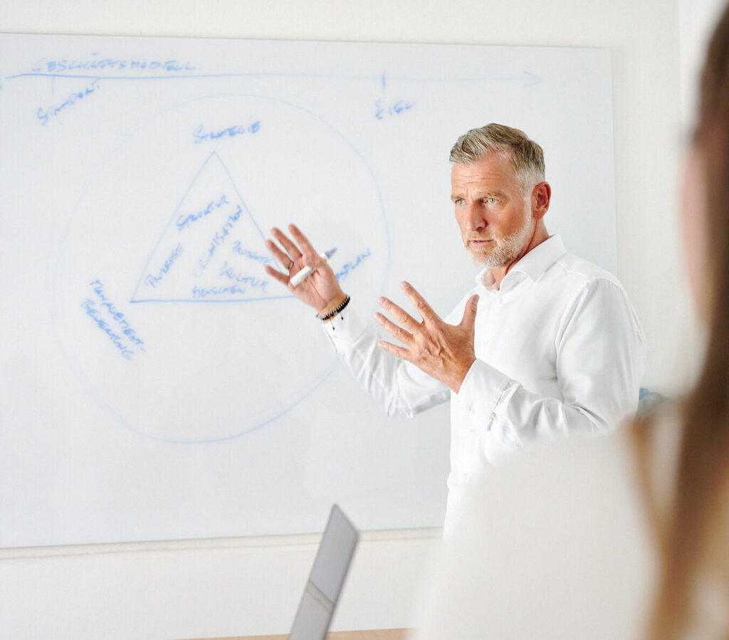 Ein Geschäftsmann erklärt gestikulierend ein Diagramm auf einem Whiteboard.