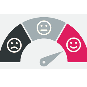 Ein Stimmungsbarometer mit drei Smileys und einem Zeiger, der auf eine positive Bewertung zeigt." 1: Ein 2: Stimmungsbarometer