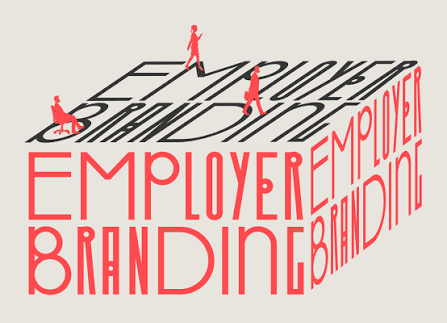 Dreidimensionaler Schriftzug Employer Branding als Würfel gestaltet mit kleinen roten Silhouetten.