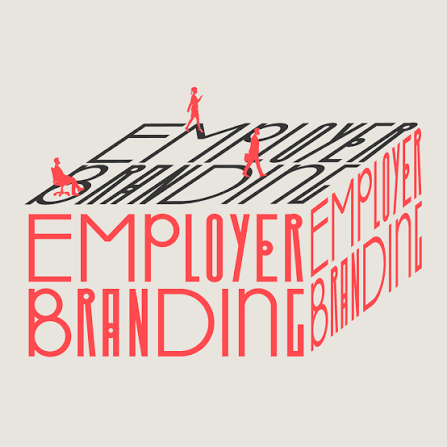 Dreidimensionale Typografie des Begriffs Employer Branding mit kleinen roten Silhouetten von Menschen.