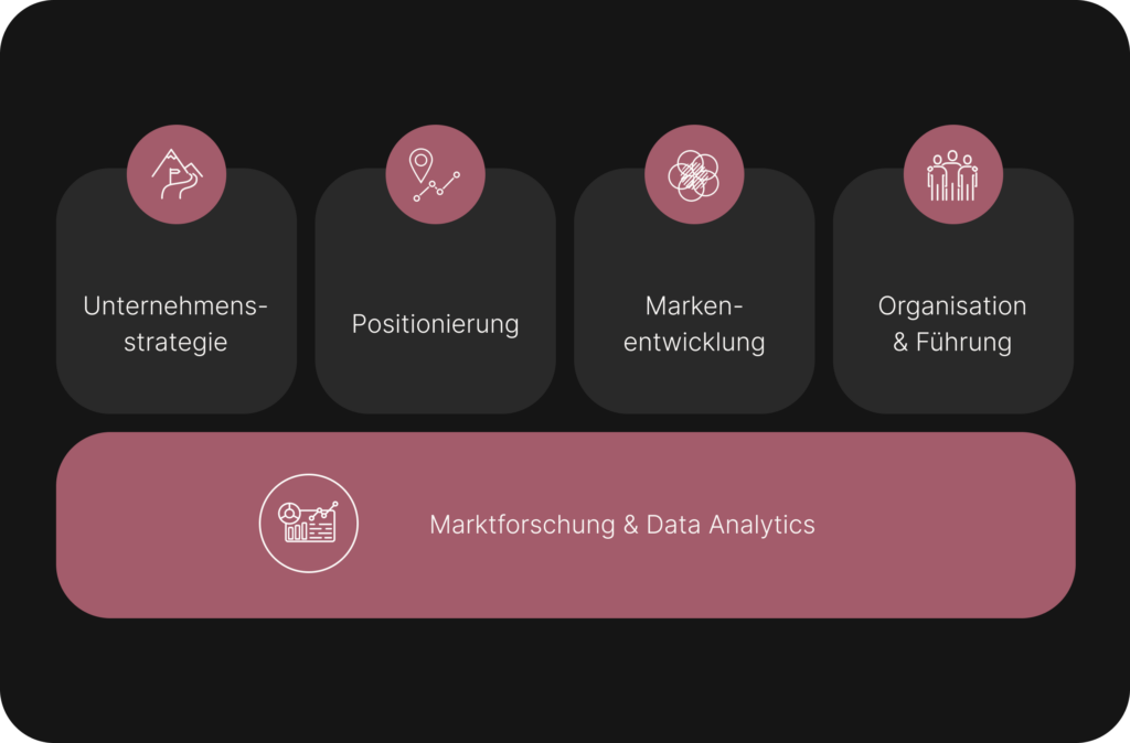 Übersicht zu Unternehmensstrategie, Positionierung, Markenentwicklung, Organisation und Marktforschung mit Data Analytics.