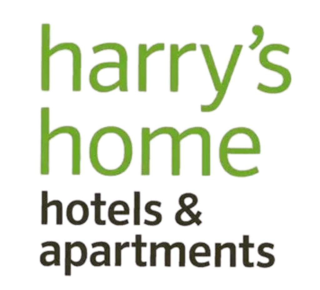 Grünes Logo von harry's home hotels & apartments auf weißem Hintergrund