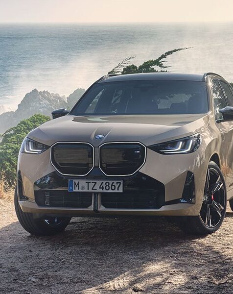 Ein beigefarbener BMW SUV parkt auf einer Klippe mit Blick aufs Meer.