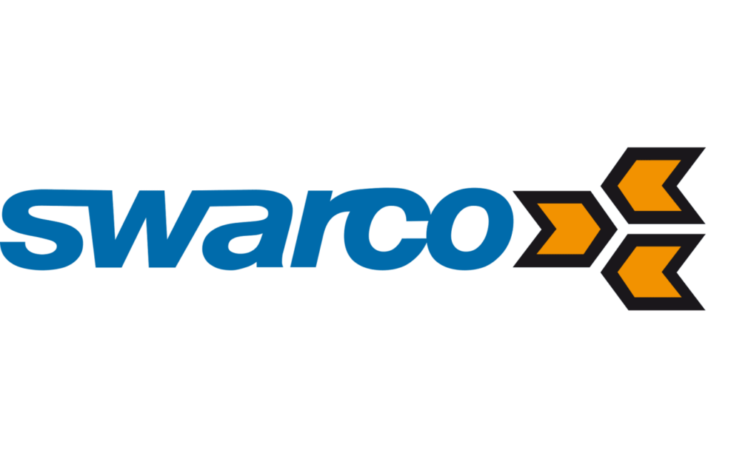 Blauer Swarco Schriftzug mit drei orangefarbenen Pfeilen auf weißem Hintergrund