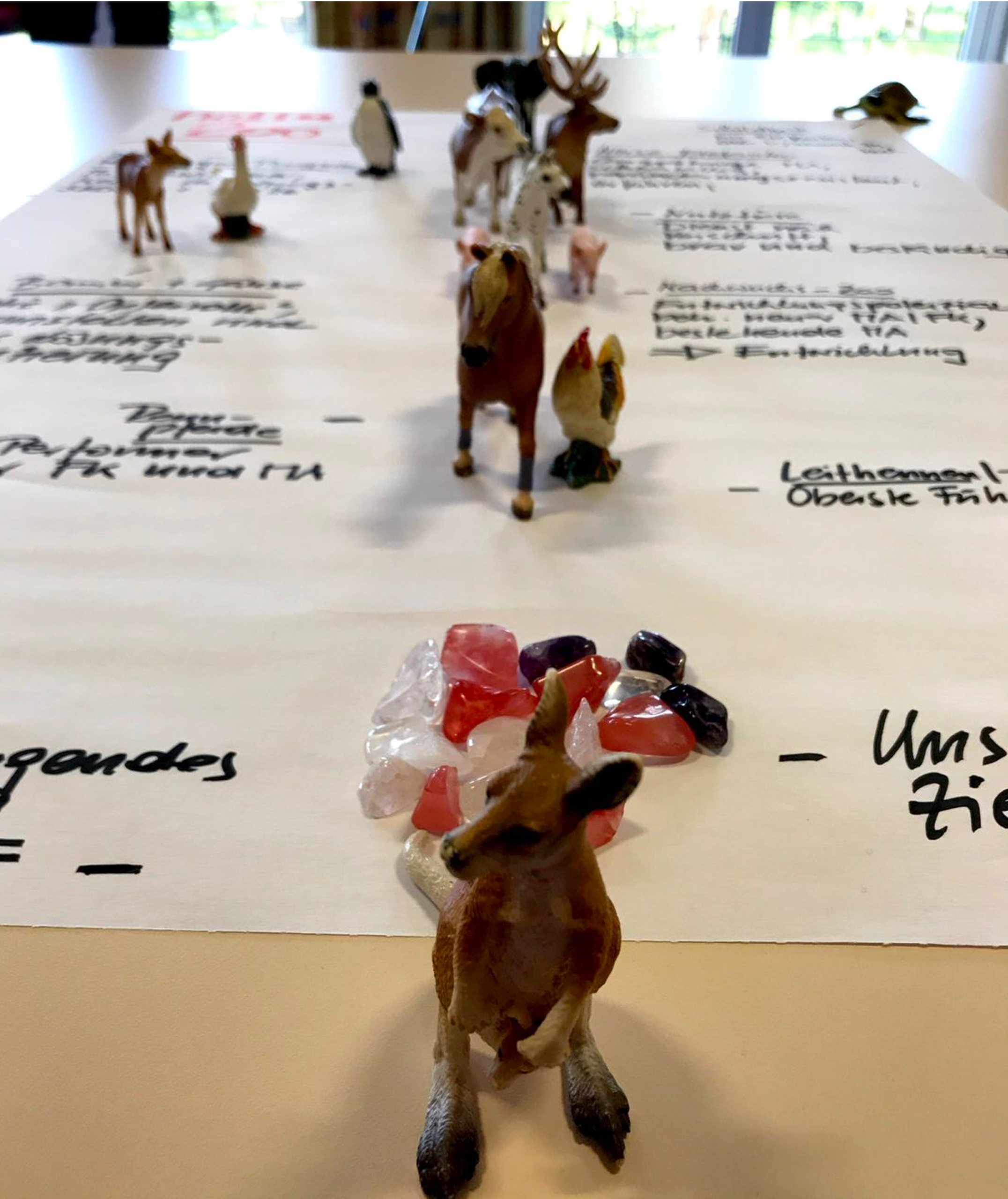 Verschiedene Spielzeugtiere stehen auf einem Papier mit handschriftlichen Notizen und bunten Steinen.