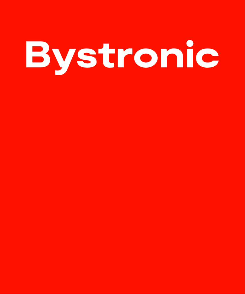 Der weiße Schriftzug Bystronic auf einem leuchtend roten Hintergrund.