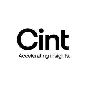 Schwarzes Logo der Marke Cint mit dem Slogan Accelerating insights auf weißem Hintergrund.