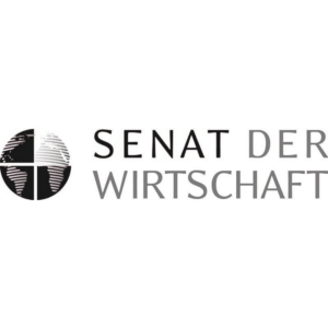 Logo des Senat der Wirtschaft mit einem stilisierten Globus auf weißem Hintergrund.